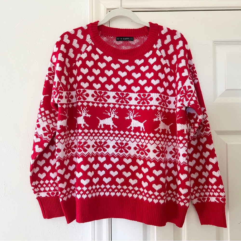 Red and White Fair Isle Reindeer Christmas Sweater